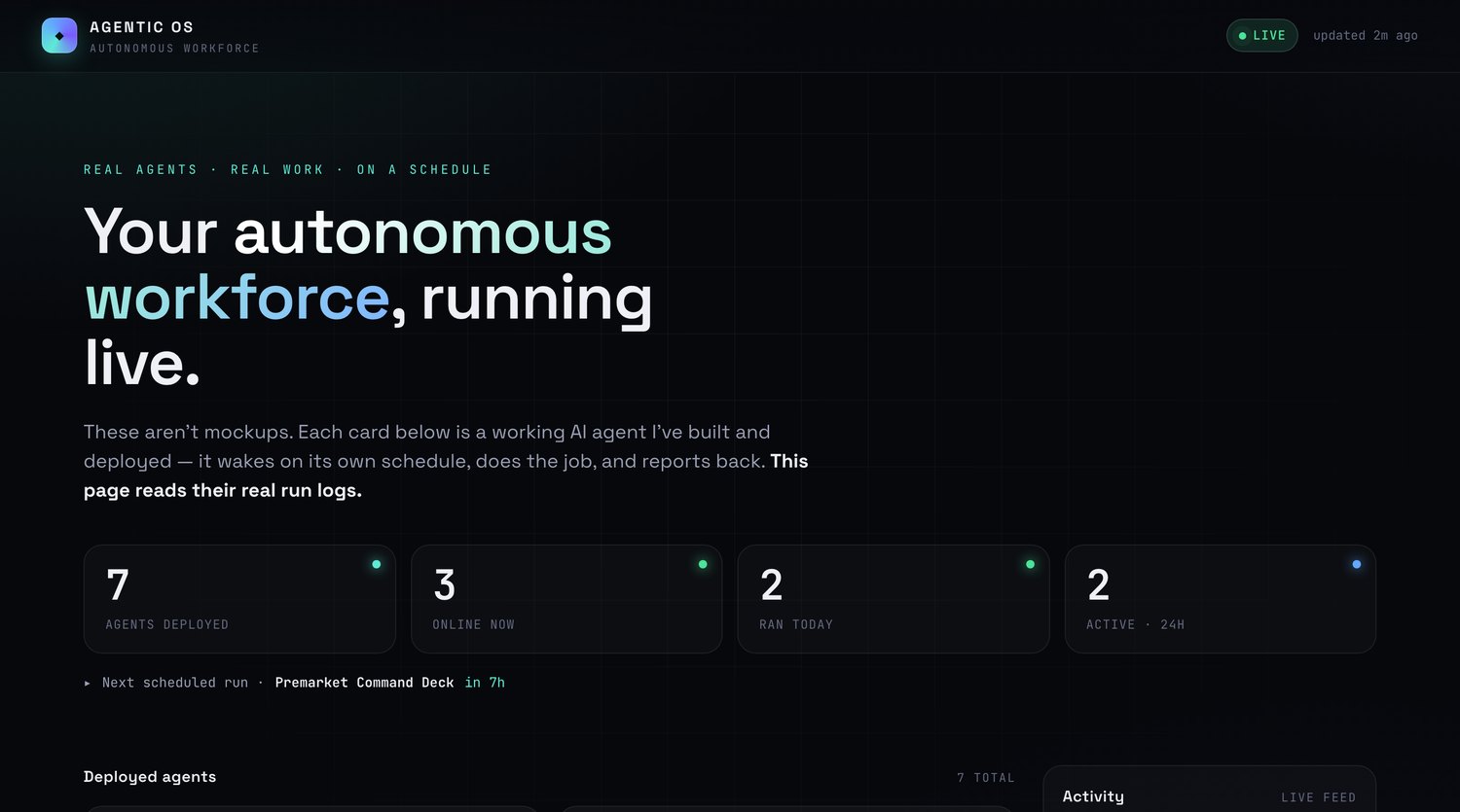 Agentic OS console: a live dashboard of deployed AI agents, their schedules, and run logs